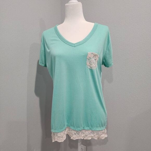 Rue 21 Womens Short Sleeve Top, Lace bottom & front pocket, Size XL, Teal - Picture 1 of 7
